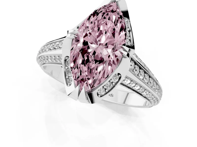 Fancy Pink Marquise Cut Diamond Pavé Split Shank Solitaire Ring Set in White gold with Prong Setting