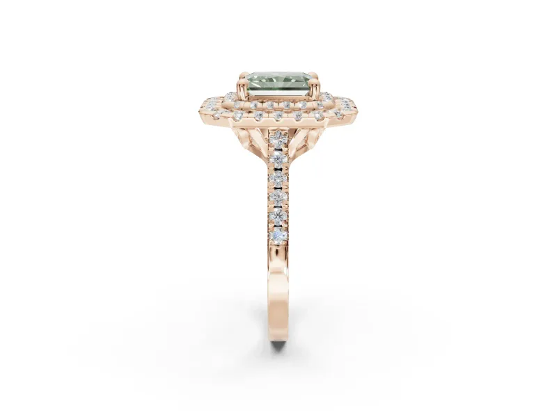 Radiant Cut Double Halo Engagement Ring Setting for a Fancy Green Lab-Grown Diamond | Pave Shoulders | Rose Gold