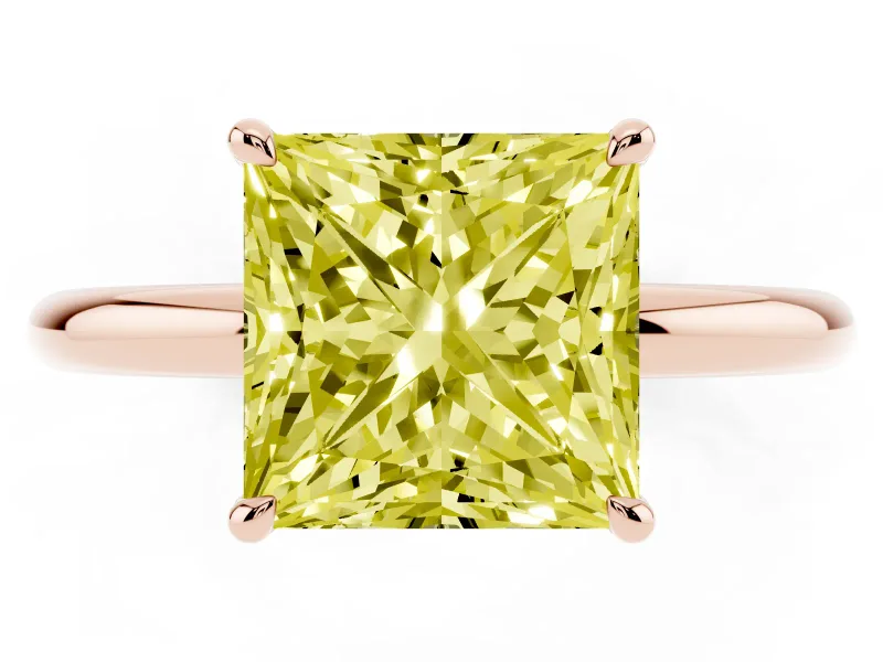 Fancy Yellow Princess Cut Diamond Solitaire Ring Set in Rose gold with Thin Band and Prong Setting