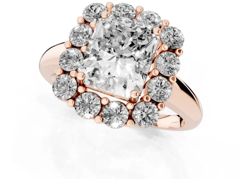 Radiant Cut Cluster Halo Engagement Ring Setting | Large Round Accents | Rose Gold