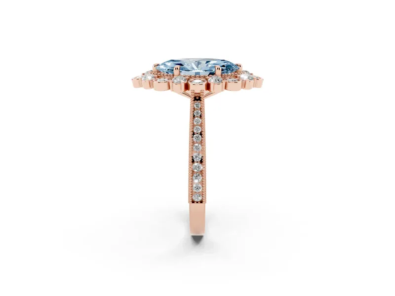 Fancy Blue Marquise Cut Diamond Halo Milgrain Pavé Ring Set in Rose gold with Prong Setting