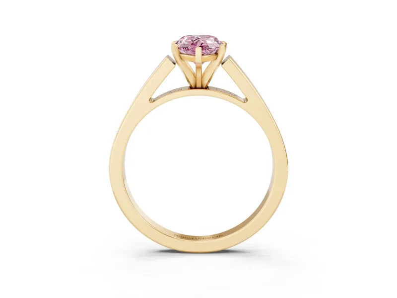 Fancy Pink Pear Cut Diamond Solitaire Engagement Ring Set in Yellow gold with Prong Setting and Tapered Band
