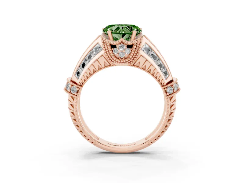 Fancy Green Heart Cut Diamond Vintage-Inspired Milgrain Ring Set in Rose gold with Accent Split Shank