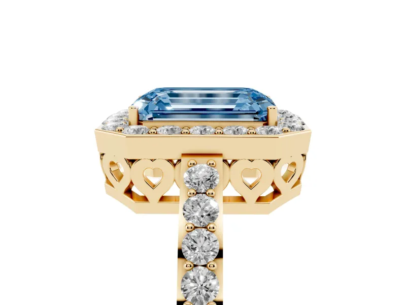 Fancy Blue Emerald Cut Diamond Halo Ring Set in Yellow gold with Pavé-Setting Band and Open Prong Center