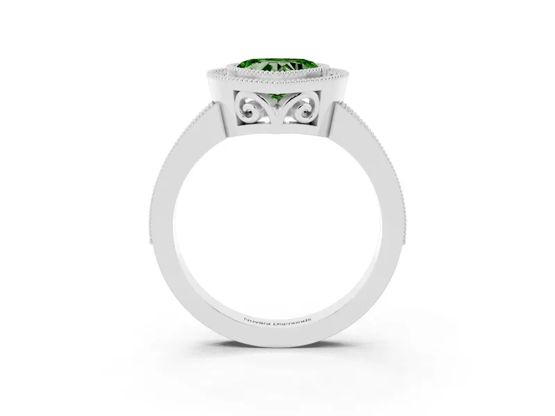 Fancy Green Heart Cut Diamond Halo Ring Set in Platinum with Pavé Band and Milgrain-Edged Prongs