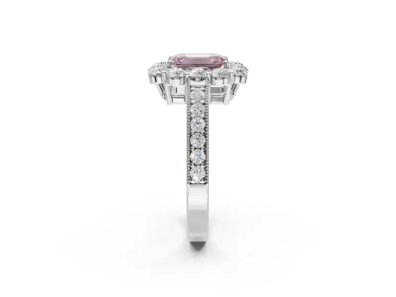 Emerald Cut Vintage Halo Engagement Ring Setting for a Fancy Pink Lab-Grown Diamond | Platinum