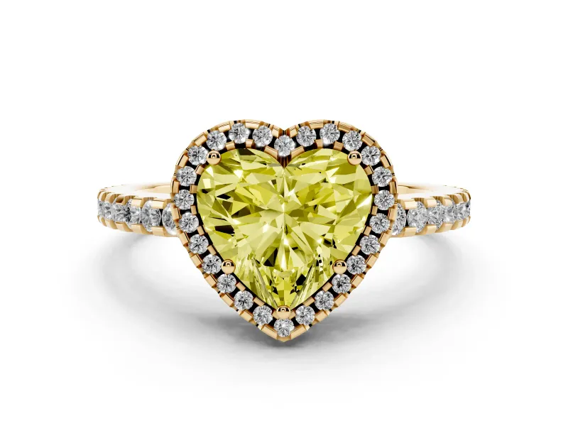 Fancy Yellow Heart Cut Diamond Halo Ring Set in Yellow gold with Pavé Shoulders and Halo-Framed Center