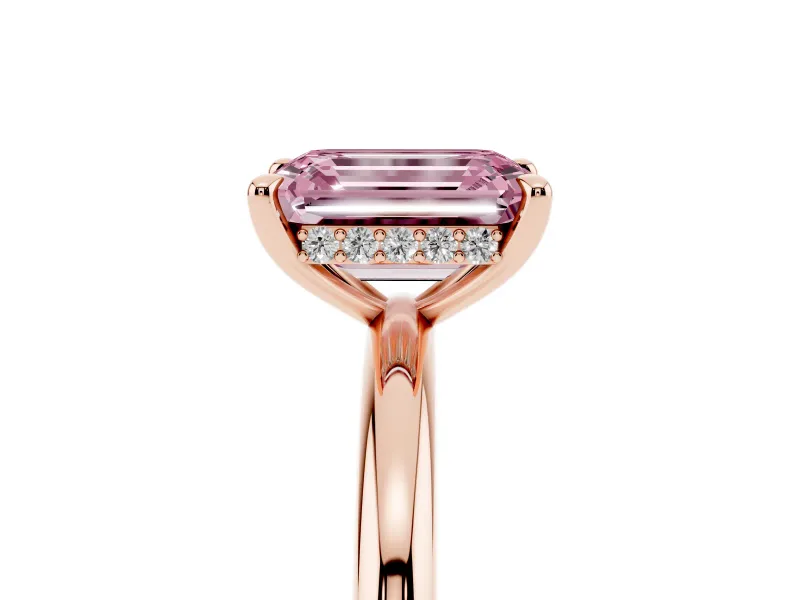 Fancy Pink Emerald Cut Diamond Solitaire Ring Set in Rose gold with Thin Band and Prong Setting
