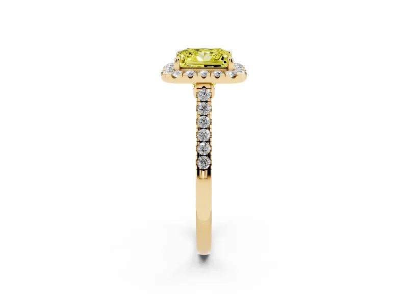 Princess Cut Halo Engagement Ring Setting for a Fancy Yellow Lab-Grown Diamond | Pave Shoulders | Yellow Gold