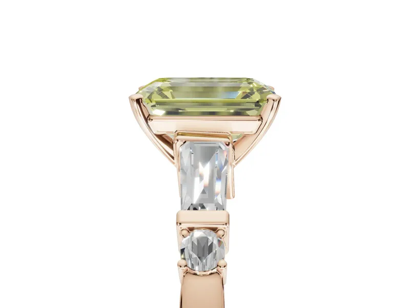 Emerald Cut Tapered Baguette Engagement Ring Setting for a Fancy Yellow Lab-Grown Diamond | Bar Set Sides | Rose Gold