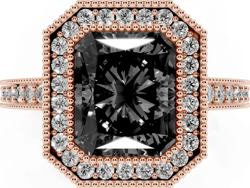 Radiant Cut Vintage Milgrain Halo Engagement Ring Setting for a Black Center | Pavé Band | Rose Gold