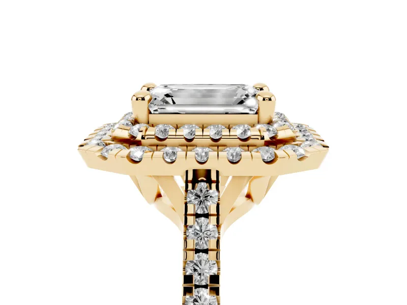 Emerald Cut Double Halo Engagement Ring Setting | Pave Shoulders | Yellow Gold