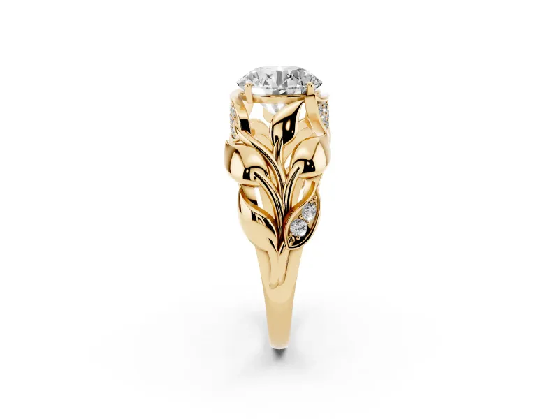 Round Cut Diamond Leaf-Inspired Engagement Ring Set in Yellow gold with Round Accents