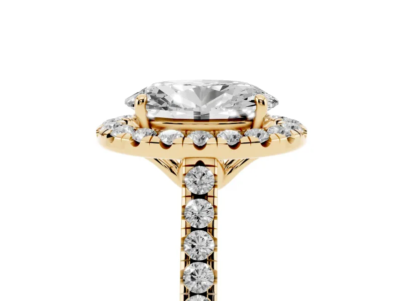 Oval Raised Halo Engagement Ring Setting | Pave Band | Yellow Gold