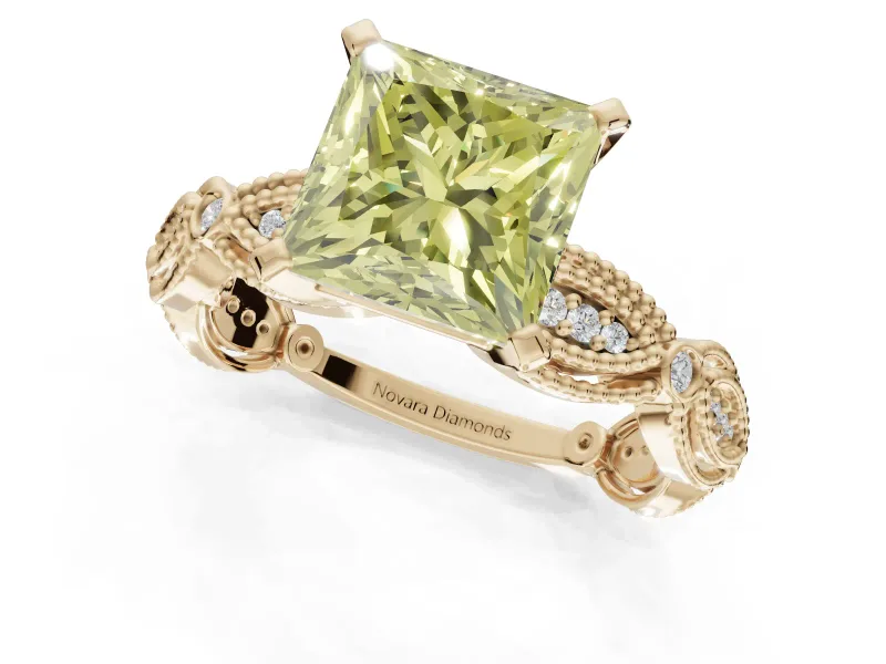 Princess Cut Vintage Engagement Ring Setting for a Fancy Yellow Lab-Grown Diamond | Graduated Stations | Yellow Gold