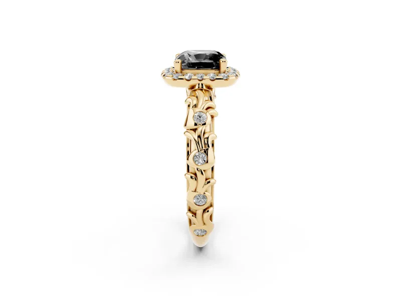 Cushion Cut Leaf Halo Engagement Ring Setting for a Black Center | Bezel Accents | Yellow Gold