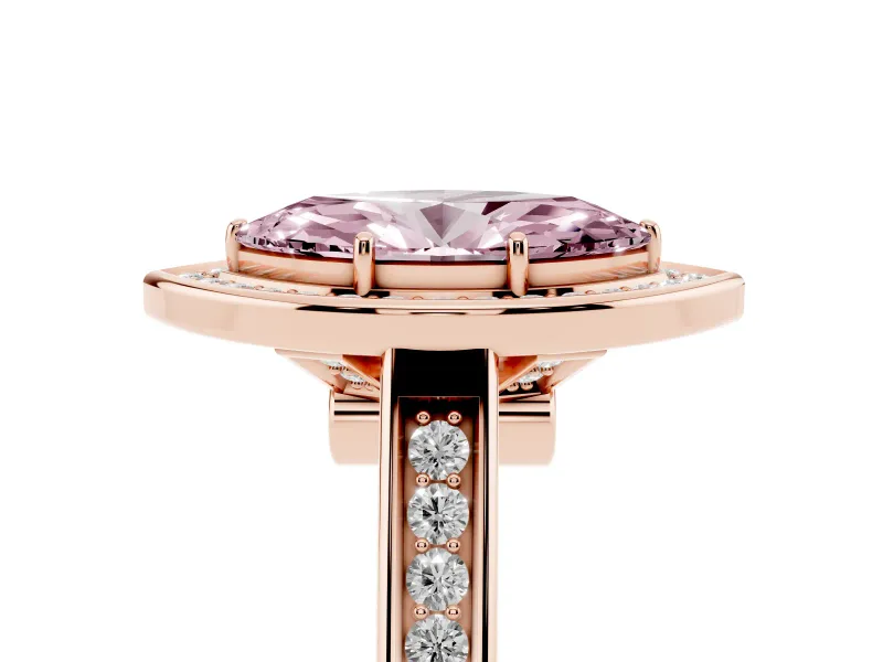 Fancy Pink Marquise Cut Diamond Halo Solitaire Ring Set in Rose gold with Pavé Band and Bezel Setting
