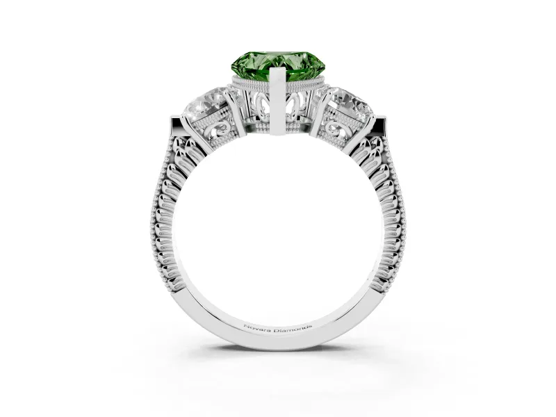 Fancy Green Heart Cut Diamond Three-Stone Ring Set in White gold with Milgrain Band