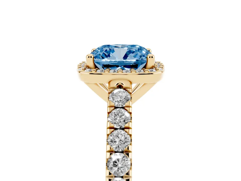 Cushion Cut Halo Pavé Engagement Ring Setting for a Fancy Blue Lab-Grown Diamond | Yellow Gold
