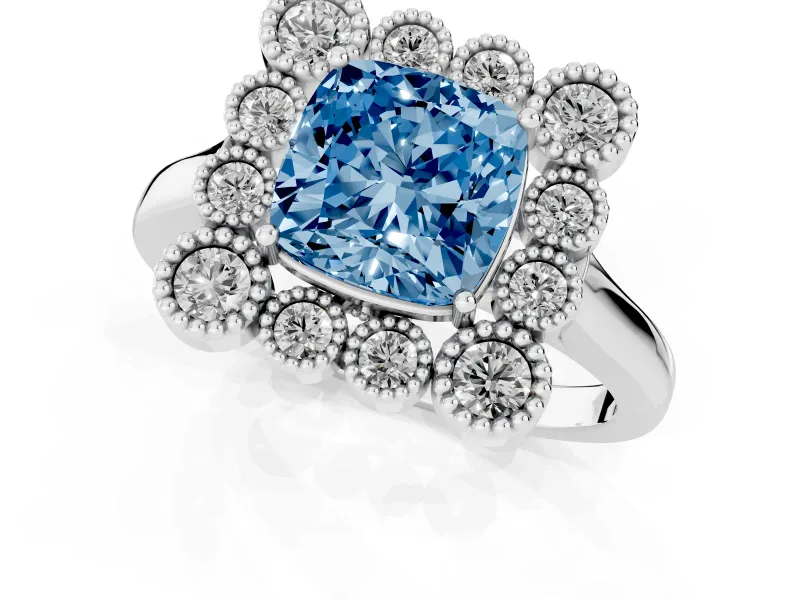 Cushion Cut Milgrain Cluster Halo Engagement Ring Setting for a Fancy Blue Lab-Grown Diamond | Plain Band | Platinum