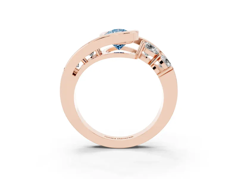 Fancy Blue Pear Cut Diamond Bezel Bypass Ring Set in Rose gold with Round Accents