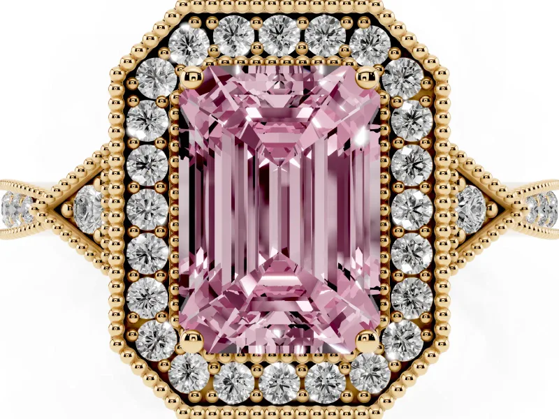 Fancy Pink Emerald Cut Diamond Halo Engagement Ring Set in Yellow gold with Milgrain Pavé Band