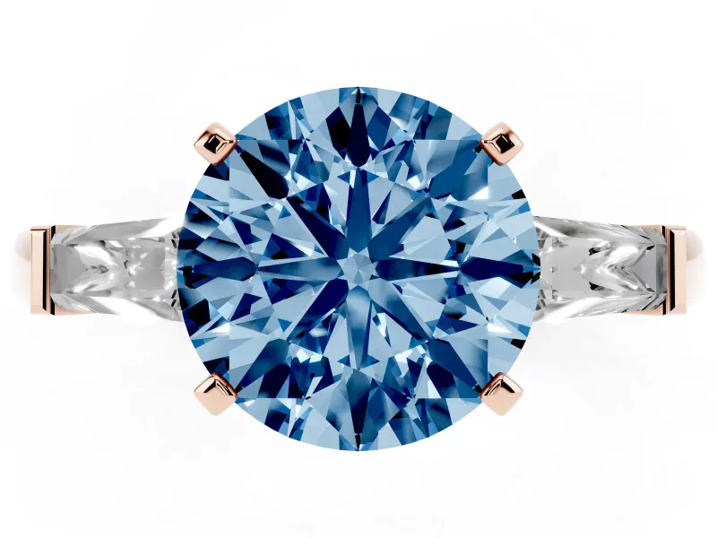 Fancy Blue Round Cut Diamond Solitaire Ring Set in Rose gold with Tapered Baguette Side Stones and Prong Setting