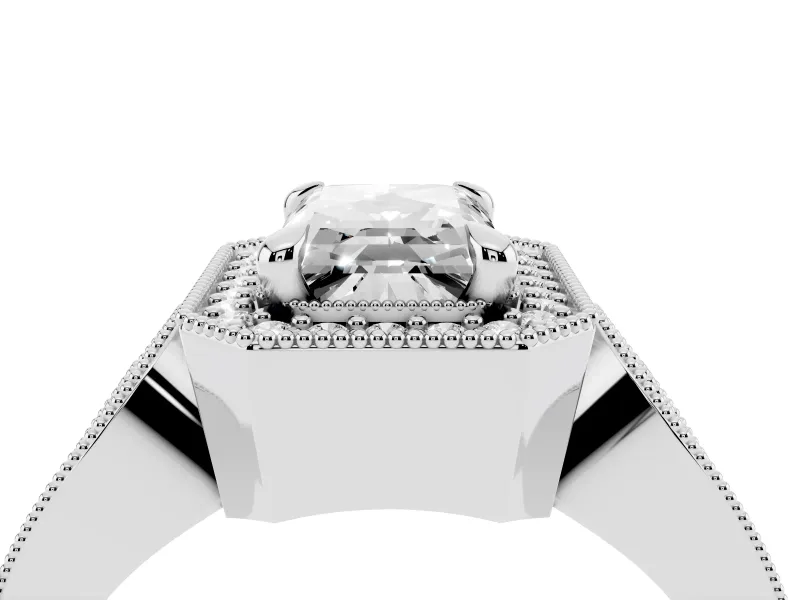 Emerald Cut Vintage Milgrain Halo Engagement Ring Setting | Open Loop Pave Shoulders | White Gold