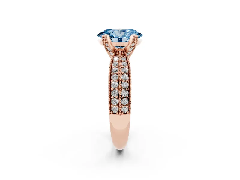 Fancy Blue Oval Cut Diamond Solitaire Ring Set in Rose gold with Milgrain Double Row Round Pavé Band