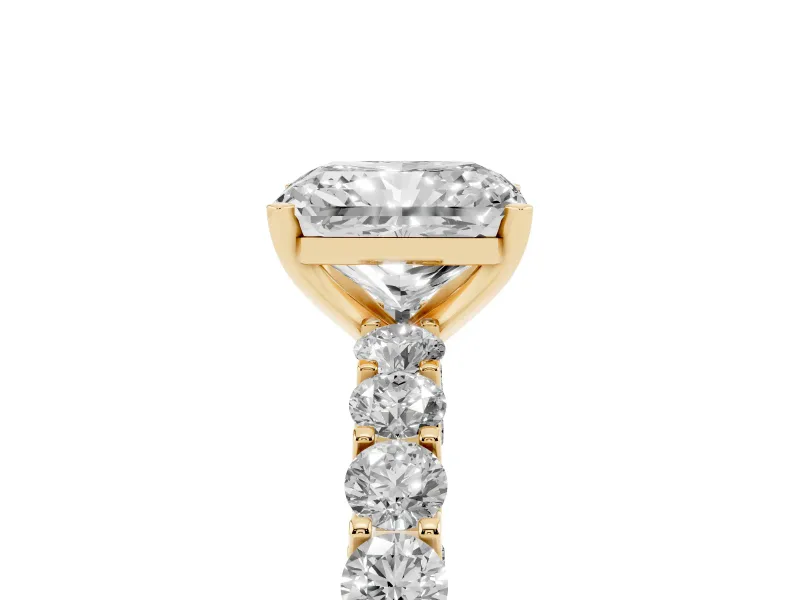 Radiant Cut Shared Prong Engagement Ring Setting | Two-Row Band | Yellow Gold