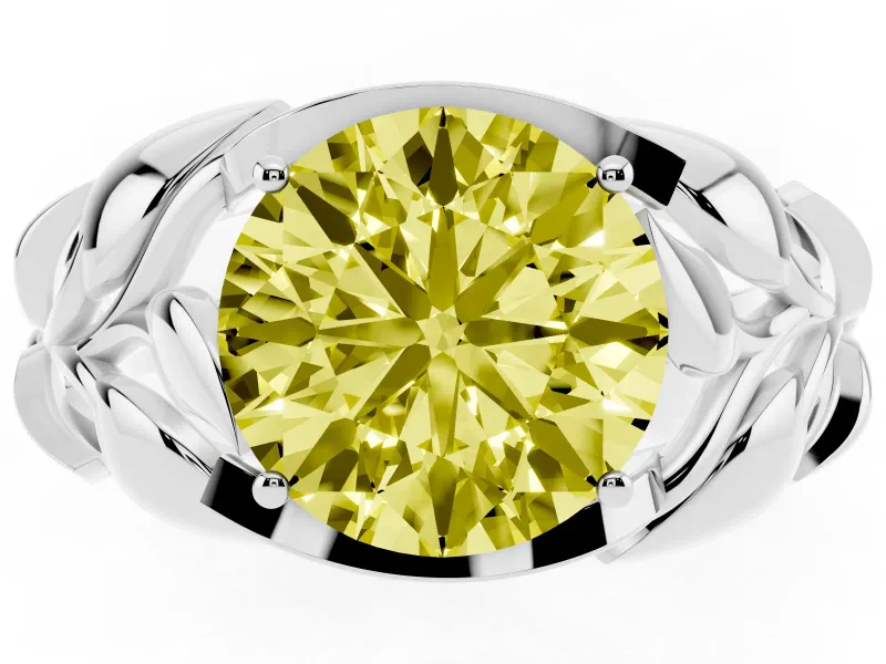 Fancy Yellow Round Cut Diamond Leaf-Inspired Engagement Ring Set in White gold with Round Accents