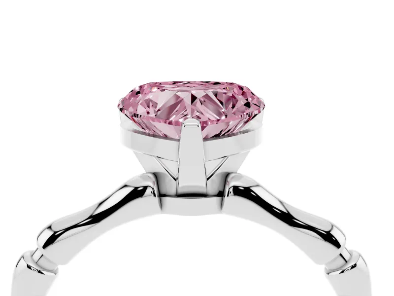 Fancy Pink Heart Cut Diamond Solitaire Ring Set in White gold with Bamboo Band and Prong Setting