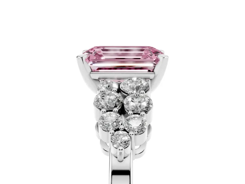 Emerald Cut Side Stone Engagement Ring Setting for a Fancy Pink Lab-Grown Diamond | Two-Row Shoulder Clusters | Platinum