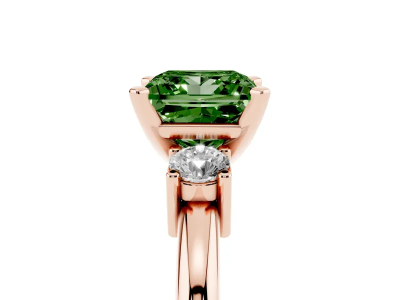 Fancy Green Three-Stone Princess Cut Diamond Ring Set in Rose gold with Prong Setting and Plain Band