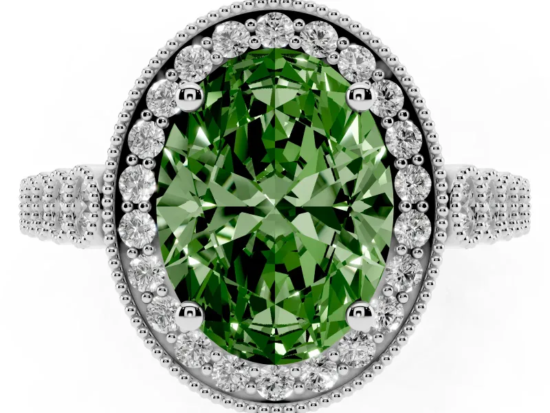 Fancy Green Oval Cut Diamond Milgrain Halo Solitaire Ring Set in Platinum with Bezel Set Side Stones and Pavé Band
