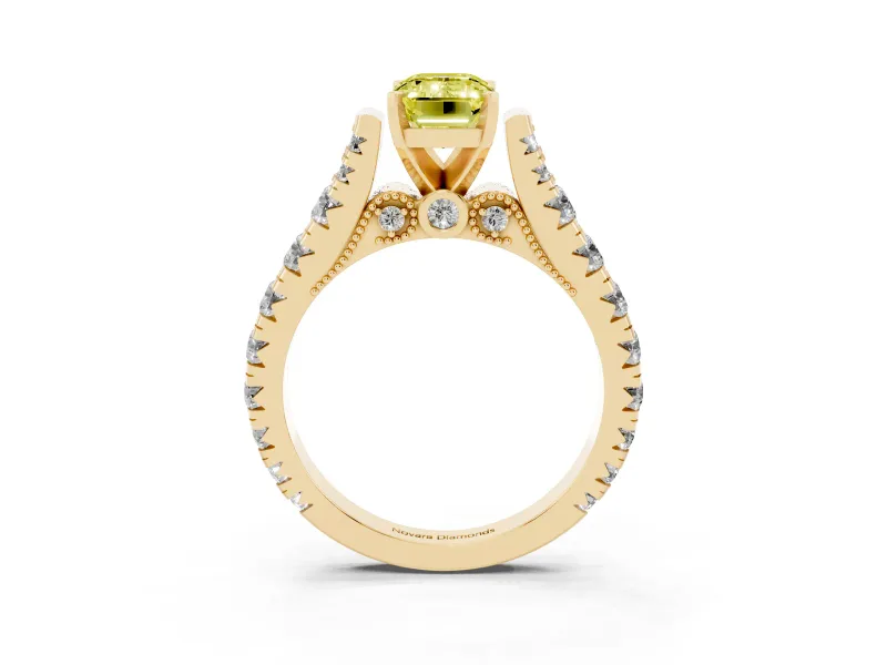 Fancy Yellow Emerald Cut Diamond Classic Solitaire Ring Set in Yellow gold with Pavé Band and Prong Setting