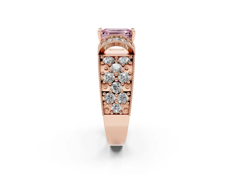 Emerald Cut Vintage Pave Engagement Ring Setting for a Fancy Pink Lab-Grown Diamond | Milgrain Edges | Rose Gold