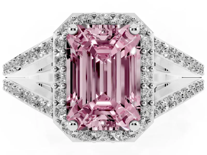 Emerald Cut Split Shank Halo Engagement Ring Setting for a Fancy Pink Lab-Grown Diamond | White Gold