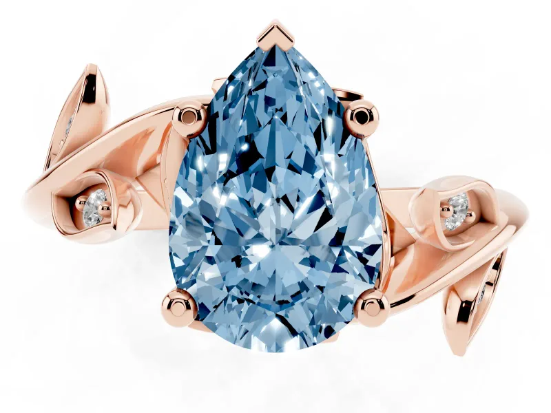 Fancy Blue Pear Cut Diamond Solitaire Twist Engagement Ring Set in Rose gold with Pavé Leaf Accents