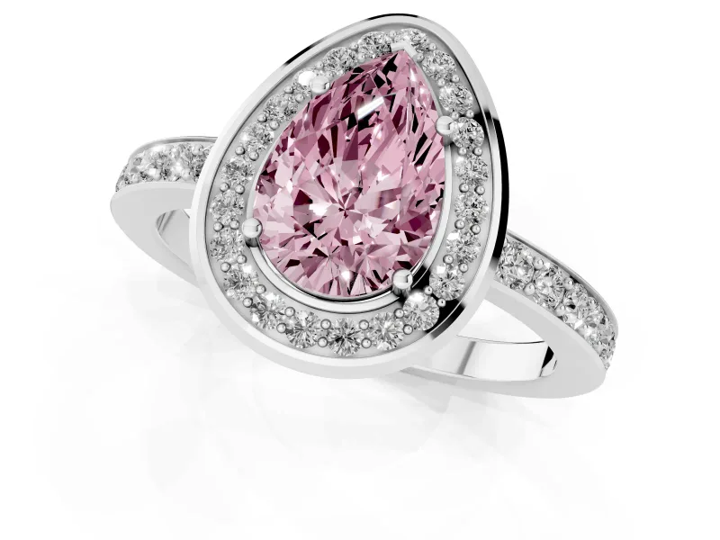 Fancy Pink Pear Cut Diamond Halo Ring Set in Silver with Bezel Frame and Pavé Band