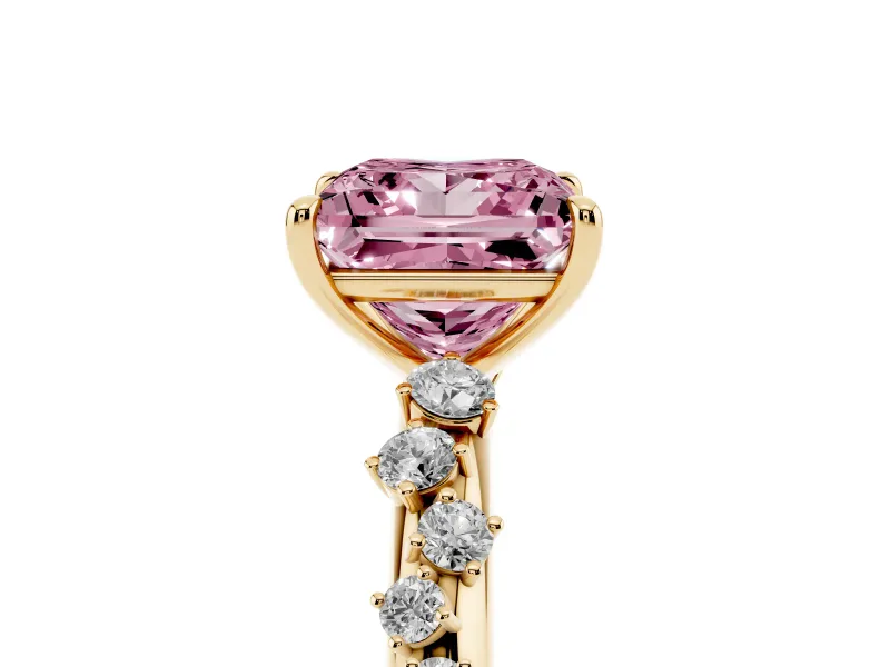 Fancy Pink Princess Cut Diamond Cluster Solitaire Ring Set in Yellow gold with Prong Setting