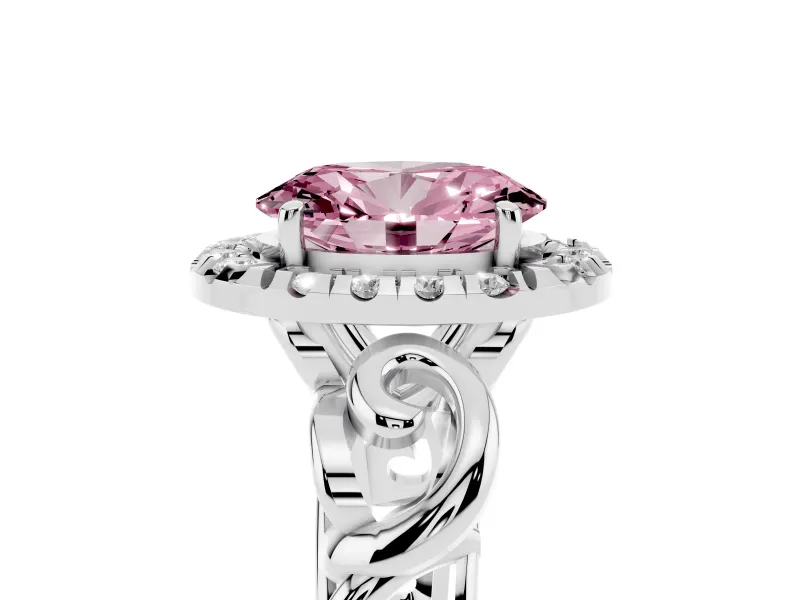 Fancy Pink Oval Cut Diamond Halo Ring Set in Silver with Scrollwork Band and Prong Setting