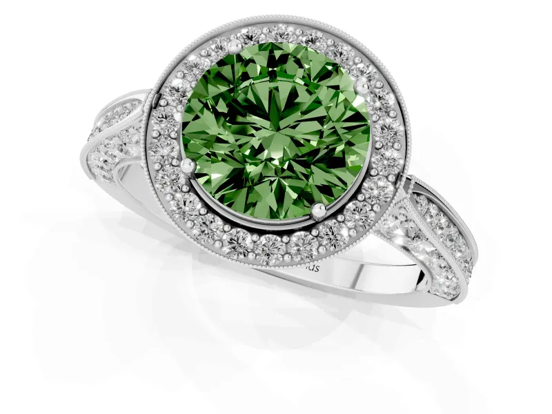 Round Milgrain Halo Engagement Ring Setting for a Fancy Green Lab-Grown Diamond | Side Stones | Platinum