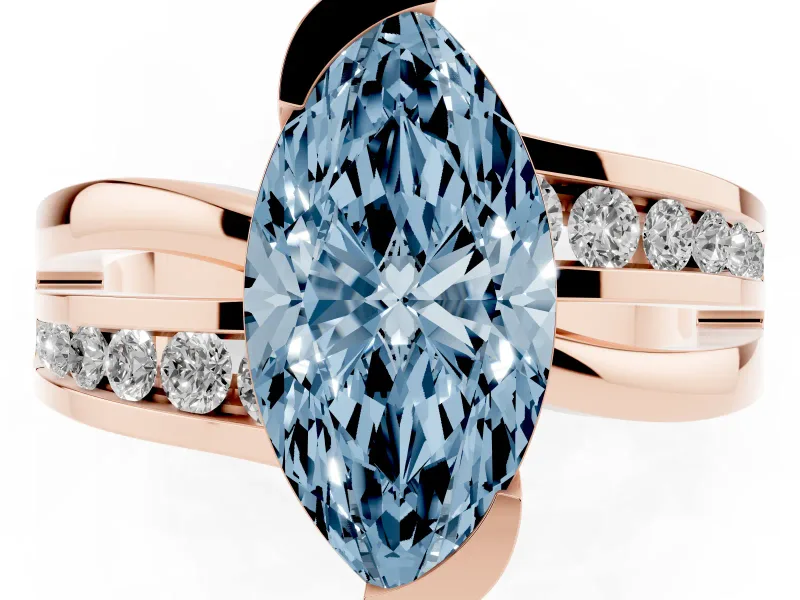 Fancy Blue Marquise Cut Diamond Solitaire Ring Set in Rose gold with Channel Set Split Shank and Tension Prongs