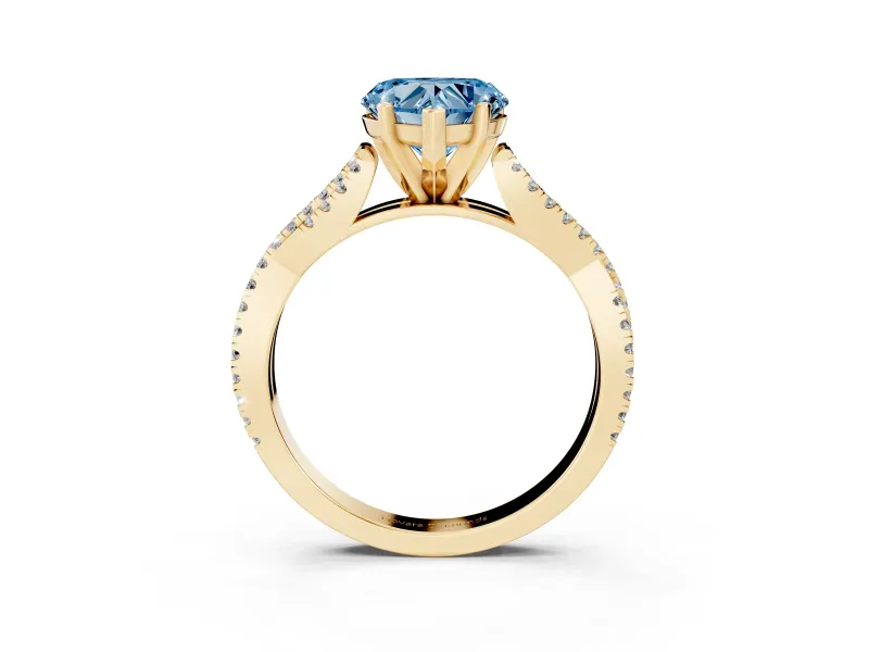 Fancy Blue Heart Cut Diamond Solitaire Engagement Ring Set in Yellow gold with Twisted Pavé Band and Prong Setting