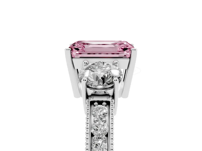 Fancy Pink Emerald Cut Diamond Three-Stone Ring Set in Silver with Round Side Stones and Pavé Band
