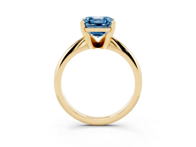 Fancy Blue Asscher Cut Diamond Solitaire Ring Set in Yellow gold with Prong Setting on a Plain Round Band
