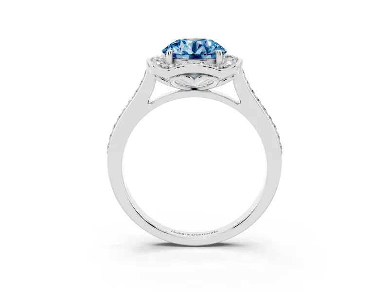 Round Halo Engagement Ring Setting for a Fancy Blue Lab-Grown Diamond | Petal Tips | Sterling Silver
