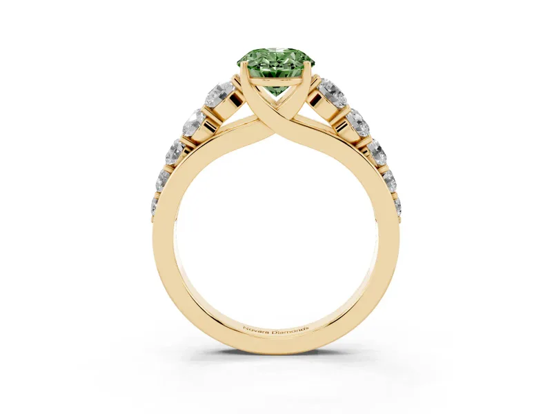 Oval Graduated Side Stone Engagement Ring Setting for a Fancy Green Lab-Grown Diamond | Flat Top Band | Yellow Gold