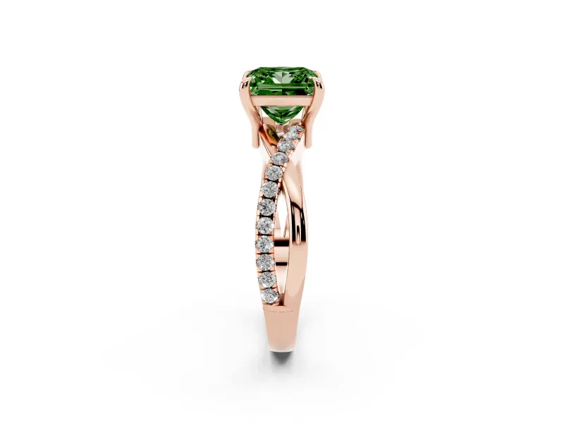 Fancy Green Princess Cut Diamond Twist Band Solitaire Set in Rose gold with Pavé Accents and Prong Setting